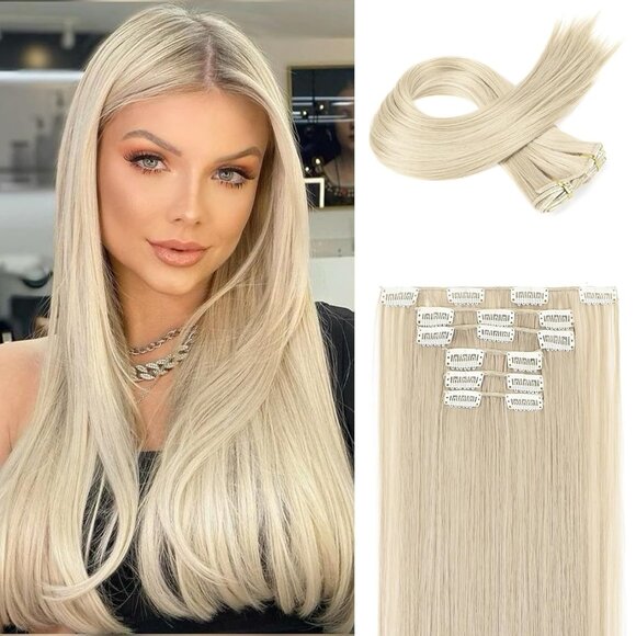 Other - New 6PC Clip-in Hair Extensions 24" Long Straight Synthetic - Platinum Blonde